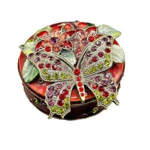 Enamel and Rhinestone Flowers and Butterfly Round Trinket Box Burgundy Red Green